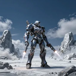 armored core v by liam wong, fromsoftware, booster flares, laser rifles, smoke, karst landscape ; wide shot, dark blue sky, cloud, empty wilderness ground ; digital painting, cinematic contrast, dynamic backlighting, sharp edge, motion blur
