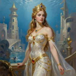 hyperrealistic detailed high quality luxurious atlantis princess in atlantis city in style of michael hussar oil painting 3 / 4 portrait 8 k sharp focus