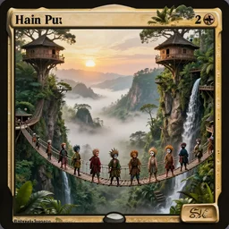 an island of jungle cliffs with treehouses atop. tiered catwalks and rope bridges. foggy valley and mountains fading into the distance, at sunset. waterfalls. neverland. peter pan kids wearing war paint and headdresses, standing on the rope bridges. magic the gathering card art by greg rutkowski.