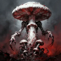 disturbing grunge image of a demon infested fungus, 2 meters tall. horror airbrush art, by atey ghailan, by greg rutkowski, by greg tocchini, by tom bagshawred, white, red, black, crimson and grey color scheme