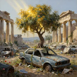a tree growing on a scrap car in ancient greek ruins, gray wasteland, many scrap cars, trash, rubble, overgrown, pillars and arches, colorful flowers, vines, hyperrealistic, highly detailed, cinematic, ray of golden sunlight shining on the tree, beautiful, cgssociety, artstation, 8 k, oil painting by greg rutkowski, by artgerm, by wlop