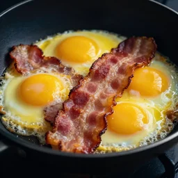 cyberpunk bacon and eggs in pan, closeup, close angle, dramatic lighting