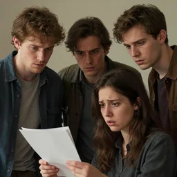 realistic portrait of three male and one female characters look intensely at a terrified female author looking at some written notes, aesthetic!, trending on artstation, detailed digital art,