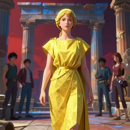 possessed woman wearing an ancient greek tunic made of yellow paper, stephen bliss, unreal engine, fantasy art by greg rutkowski, rhads, ferdinand knab, makoto shinkai and lois van baarle, ilya kuvshinov, rossdraws, tom bagshaw, global illumination, radiant light, ancient greek temple ruins, red and blue theme