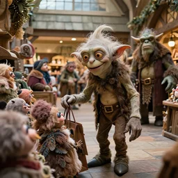 gollum going shopping in the shire at a shopping mall full of hobbits and orcs, photorealistic, cinematic, hdr