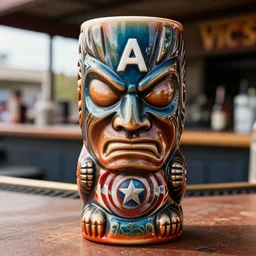 a closeup photorealistic photograph of a glossy captain america style tiki mug sitting at an outdoor trader vic's bar featuring captain america's face. tiki theme. bright scene. fine detail. this 4 k hd image is trending on artstation, featured on behance, well - rendered, extra crisp, features intricate detail, epic composition and the style of unreal engine.