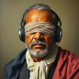 highly detailed potrait of 2 0's srilankan politician with headphone and blindfolded eyes with cloths in baroque style, painting by james jean, mullins, j. c. leyendecker, lights, art by ernst haeckel,