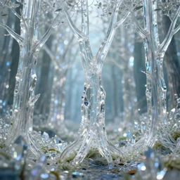 hyper realistic gorgeous lighting, highly detailed, transparent glass and crystal magical forest with tree trunks made of glass and crystal by zdzisław beksinski and norman rockwell and greg rutkowskiweta studio, and lucasfilm
