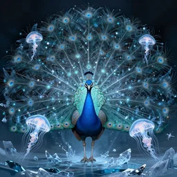 rorschach test, peacock. intricate, centered, amazing composition by amano yoshitaka, by rembrandt, illustrious makinami, digital art, digital painting, artstation trending, unreal engine, fractal flame, transparent jellyfish, transparent feathers, bio luminescent, ice, water