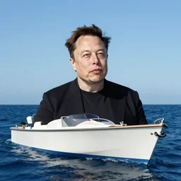 elon musk at a boat, clean sky, ocean