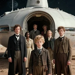 sharp, 35mm still from a sci fi blockbuster movie made in 2022, set in 1860, of a family leaving a spaceship, that has just landed on an alien planet, wearing 1850s era clothes, good lighting, 4k, HD, in focus faces, oscar winner, high quality photography, 35mm macro lens