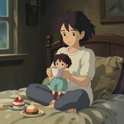 beautiful scene render of a girl is sitting on the bed, holding a cloth doll, dimly lit bedroom, hot cocoa drink, dessert, perfectly shaded, atmospheric lighting, style of makoto shinkai and peter mohrbacher, studio ghibli. artgerm, karol bak, beeple, animation style, 8 k hd, ultra wide angle, hyper detailed