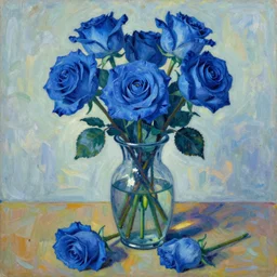 tonemapped still life blue roses in vase on table by seb mckinnon, yoshitaka amano, fauvism