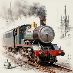 hellfire thomas the tank engine strokeed by the echo, mad max, in the style of hannes bok and doug chiang and vernon grant, trending on artstation, back lighting rear view steampunk, blueprint, muted colors, gothic, tachisme