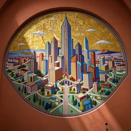 byzantine mosaic of an isometric futuristic city, terracotta brown scheme, vibrant colors