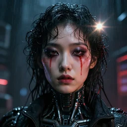 facial portrait of a korean dystopian android with dark smeared makeup, wet curly hair, base cap, red tears, a dark cyberpunk background, lens flare, rain, deep focus, d & d, intricate, elegant, highly detailed, photo, 9 0 s, artstation, blade runner, 8 k, sharp focus, octane, unreal engine 5, global illumination, radiant
