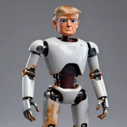 Donald Trump as an animatronic Robot, Hyperreal, highly detailed hands and Face, Full Body, Studio Lighting, in the Style of Disney Imagineering