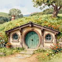 jean - baptiste monge painting of a hobbit house. retro airbrush detailed. loose watercolor with hard edges. flower with vines, moss and mushrooms. with white paper background. by jean - baptiste monge,!!!!!!!!!