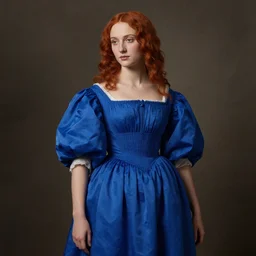 fully clothed beautiful girl, she is wearing a blue dress, she has red hair, artemisia gentileschi