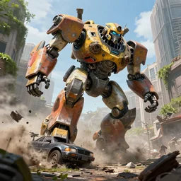 A giant robot crushing a car in with his foot. city ruins overtaken by vegetation, post apocalyptic, cinematic, hyper realism, high detail, octane render, unreal engine, 8k, hard surface modeling, vibrant color, smoke, battle zone, mass effect, gears of war, by craig mullins, syd mead