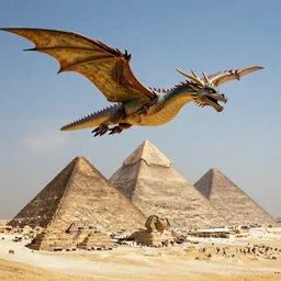 photo of giant dragon flying around pyramids in Giza, 50mm, beautiful photo