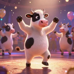 a humanoid cow dancing on a glittering party dancefloor. Other cows are in the background dancing. party lights. screenshot from a pixar movie. unreal engine, octane renderer, character design, cinematic lighting. backlit, confetti
