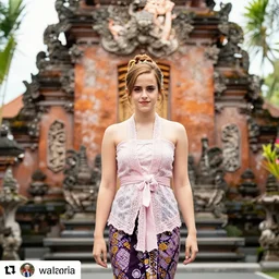 emma watson wearing kebaya bali in bali. temple background. front view. instagram holiday photo shoot