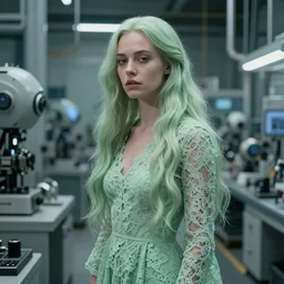cinestill 5 0 d portrait of a dreamy dystopian beautiful woman britt marling 3 / 4 by liebovitz stand in a cyborg factory, long hair, wearing long lace, 2 4 mm lens, 8 k, elegant, highly detailed, pale green matt, brutal rembrandt, artstation, sharp focus, head in focus