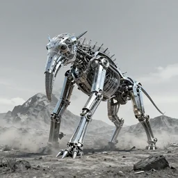 strandbeest the size of a mountain made of wicked glinting steel trampling over a land of dusty grey, photo realistic, 8 k, trending on artstation