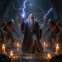 gandalf casting a spell on orcs surrounded with melting candles and lightning in tomb, pentagram, dark fantasy, scifi, volumetric lights, intricate, intense detail, digital painting, artstation, concept art, soft shading, cinematic, hyperealistic, illustration, style of h. r. giger, 3 d 4 k