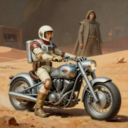 moebius and ralph mcquarrie style retro classic rocketeer motorbike motorcycle futuristic sci - fi painting, rocketeer star wars dune, the incal