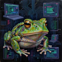 toad head, big toads, mechanical, technical, abstract, acrylic, oil, circuit board, computers, vektroid album cover, vectors, drips, dimensions, breakcore, leaks, glitches, frogs, amphibians, geometry, data, datamosh, motherboard, code, y 2 k, painting, dark, old web, cyber