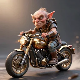 a goblin riding a steampunk motorcycle, volumetric light, hyperdetailed, artstation, cgsociety, 8k
