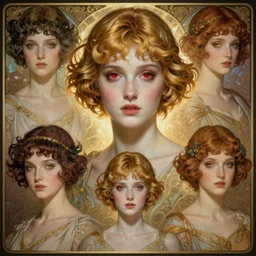 digital character concept art of very beautiful 1 9 2 0 s goddess of desire and dreams, wearing different outfits, short hair, headshot, hyper realistic, sallow pale skin, dark golden hair, red eyes, 4 k, rule of thirds, extreme detail, detailed drawing, trending artstation, hd, fantasy, d & d, realistic lighting, by alphonse mucha, greg rutkowski, sharp focus, backlit, elegant.