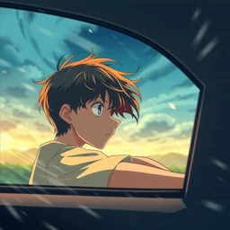 a cinematic shot of a boy looking out of his car window and his hair flowing due to the win, anime style
