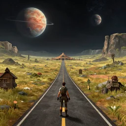 on a road, leading to an outpost in the distance, on an alien planet, from a space themed point and click 2 d graphic adventure game, set design inspired slightly by tomb raider, art inspired by thomas kinkade