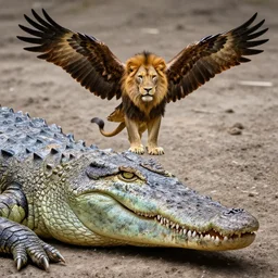 crocodile head, lion body, eagle wings, snake tails