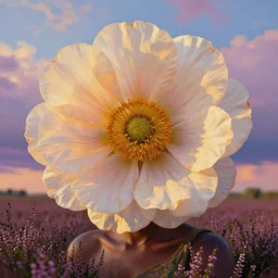 closeup, large flower as head, an african woman in a heather field, surreal photography, golden hour, colorful clouds, impressionist painting, digital painting, artstation, simon stalenhag