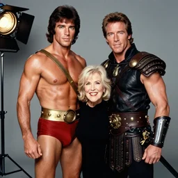 young Steve Reeves dressed as Hercules and young Arnold Schwarzenegger dressed as Conan pose for Annie Leibovitz, Studio Lighting Hyperreal