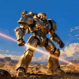a mechwarrior as armored core v by liam wong, laser beam ; outdoor, pure blue sky, cloud, wilderness ground, golden time, twilight ; digital painting, dynamic contrast, bokeh, motion blur, photoreal, cinematic,
