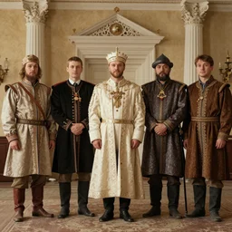 a wide full shot, colored russian and japanese mix historical fantasy of a photograph taken of the royal groom and the best men, photographic portrait, warm lighting, 9 0 7 photo from the official wedding photographer for the royal wedding.