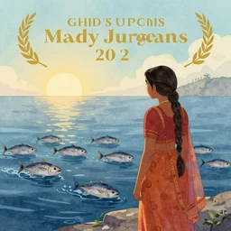 indian woman herding tuna in the ocean, romantic storybook fantasy, soft cinematic lighting, award, disney concept art watercolor illustration by mandy jurgens and alphonse mucha and alena aenami, pastel color palette, featured on artstation