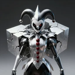 front shot of a court jester character ominous fractal hyper cubes platinum cracked dark future realistic holography fluid edges intricate extraordinary detailed concept artstation sharp focus ray tracing cinematic masterpiece fine portrait