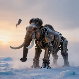 “photo of a mechanical mammoth in an arctic storm, fog, snow storm, cold sunset, wind , ice, photoreal”