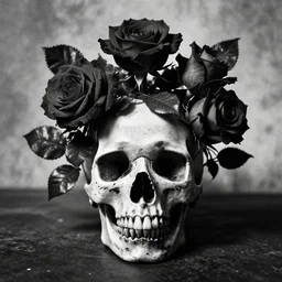 Roses growing out of a skull. Centered, Dark Fantasy, Film Noir, Black and White. High Contrast, Mike Mignola, D&D, OSR