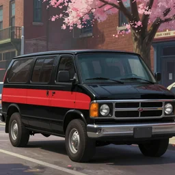 a wholesome animation key shot of one!! focused black 1 9 8 3 gmc van, diagonal red stripe, in chicago street, medium shot, studio ghibli, ( pixar ) and disney animation, sharp, very detailed, high resolution, rendered in unreal engine 5, anime key art by greg rutkowski, bloom, dramatic lighting