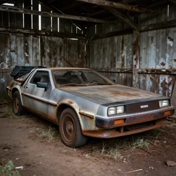 rusty, derelict 1 9 2 2 delorean inside a dusty worn down old barn