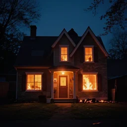 aesthetic, house on fire, almost night, dim light, ultra hd, ultra sharp, hyper detailed, 8 k, shot on 3 5 mm film camera, smooth sharp focus, realism, tumblr aesthetic,