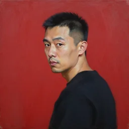 a medium shot of a man with short black hair and shaved sides looks over his shoulder, staring directly at the camera, oil painting, red background, album cover