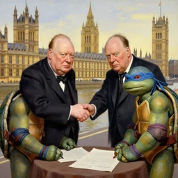 A photograph of Winston Churchill and the Teenage Mutant Ninja Turtles signing a peace treaty, in British Parliament, painted by Rembrandt